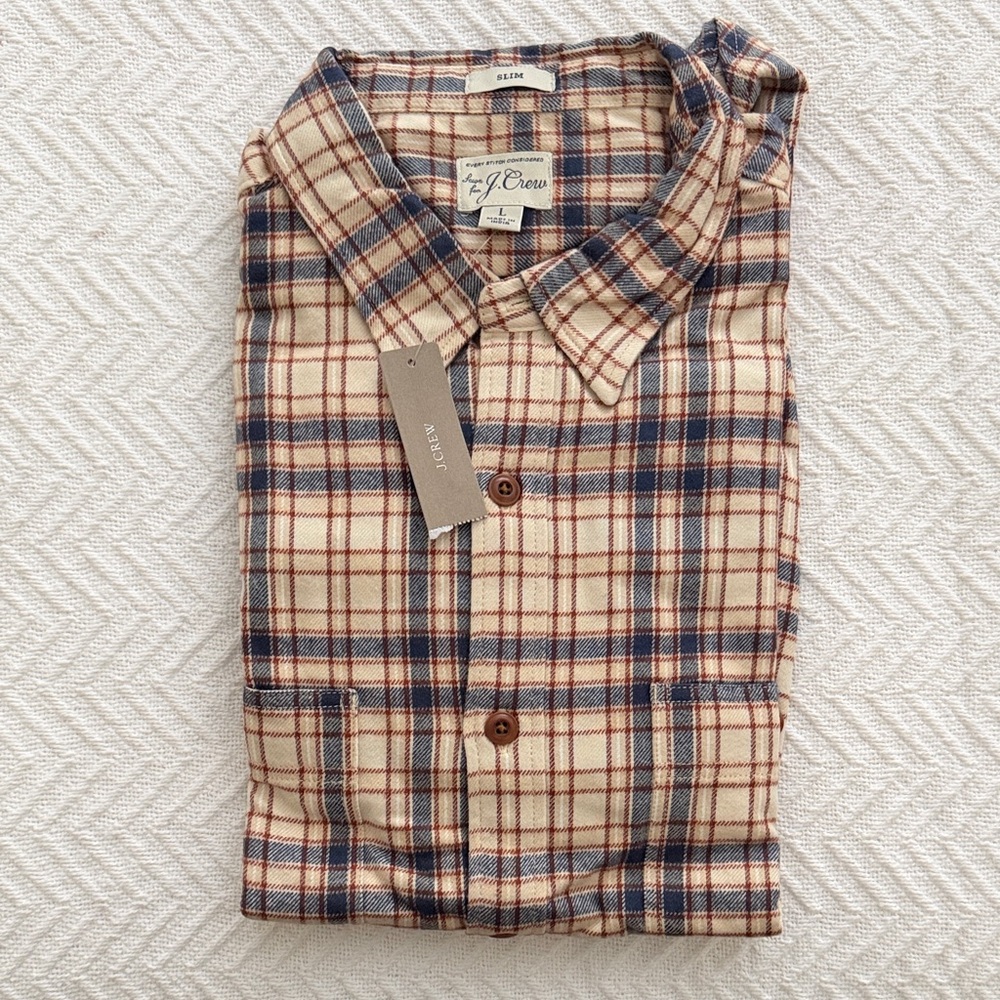 J. Crew Men's Beige and Navy Plaid Flannel Shirt